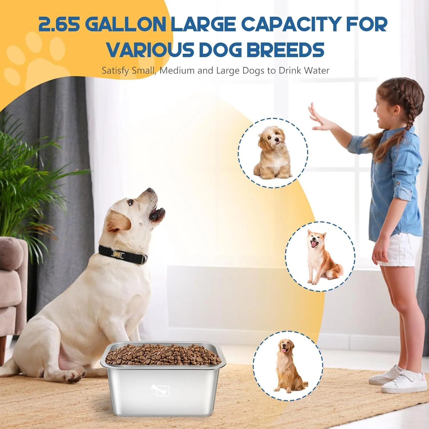 Stainless Steel Dog Bowls for Large Dogs, 2.65 Gallon High Capacity Dog Food and Water Bowl for All Breeds, Metal Pet Food Bowls for X-Large Dogs Indoors and Outdoors, Silver