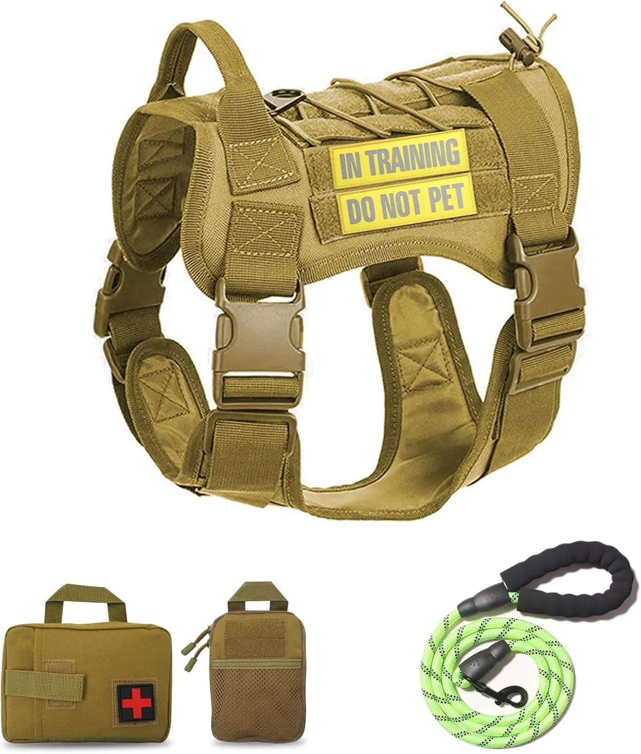 Tactical Dog Harness and Dog Leash Set with 2 Reflective Patches, No Pull Adjustable Working Dog Vest with Handle, Dog Training Harness for Medium Large Dogs Upgraded & Brown, XL