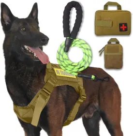 Tactical Dog Harness and Dog Leash Set with 2 Reflective Patches, No Pull Adjustable Working Dog Vest with Handle, Dog Training Harness for Medium Large Dogs Upgraded & Brown, XL