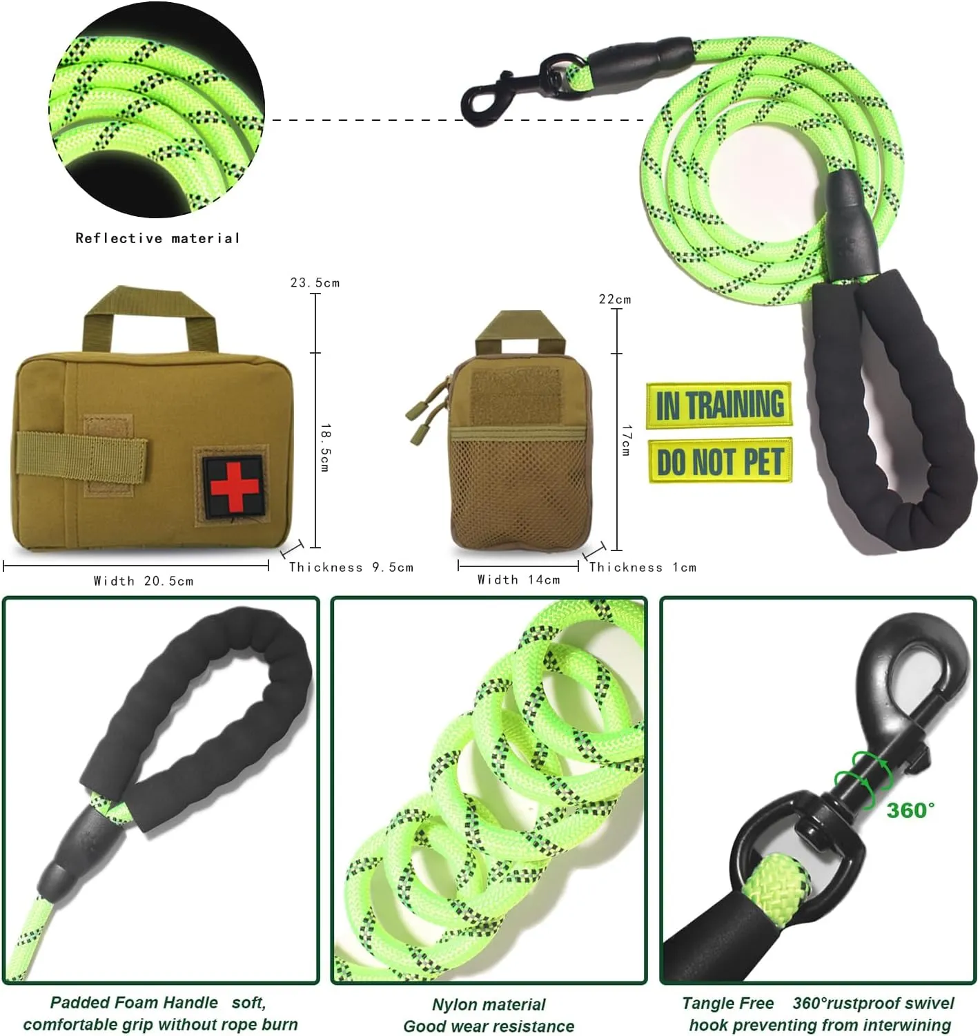 Tactical Dog Harness and Dog Leash Set with 2 Reflective Patches, No Pull Adjustable Working Dog Vest with Handle, Dog Training Harness for Medium Large Dogs Upgraded & Brown, XL