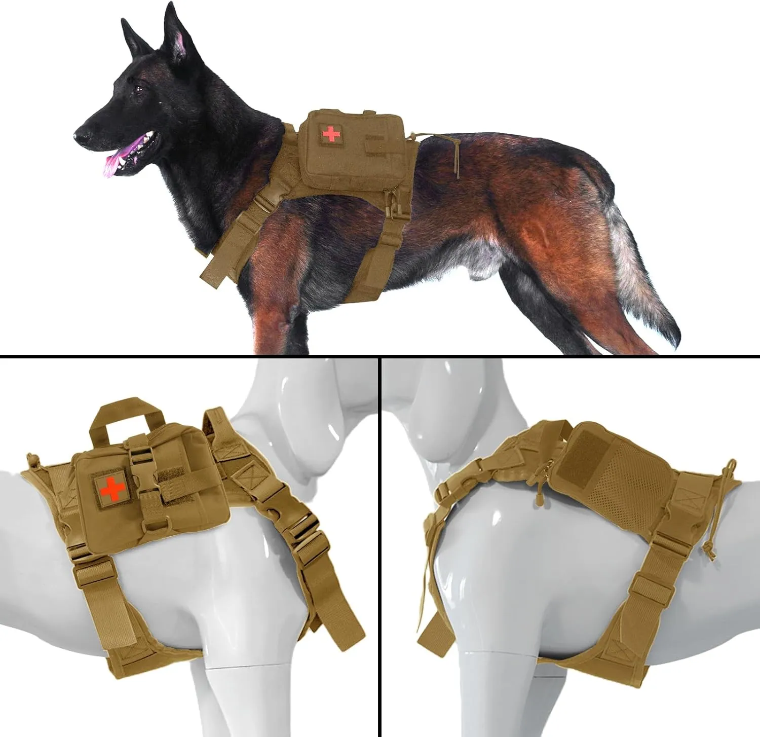 Tactical Dog Harness and Dog Leash Set with 2 Reflective Patches, No Pull Adjustable Working Dog Vest with Handle, Dog Training Harness for Medium Large Dogs Upgraded & Brown, XL