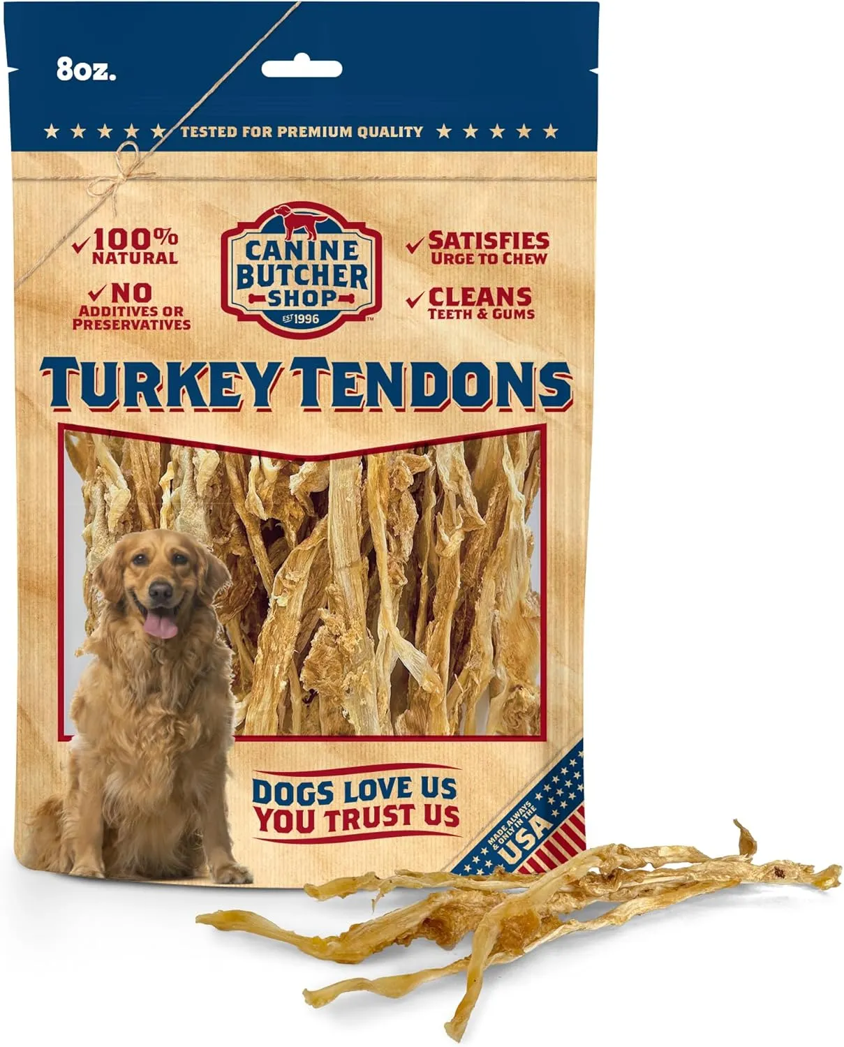Turkey Tendons for Dogs Made and Raised in USA, All-Natural Chews for Small and Large Breeds, Single-Ingredient Treat, Healthy No Hide Dog Chews (8 oz)