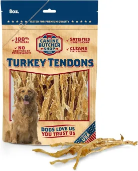 Turkey Tendons for Dogs Made and Raised in USA, All-Natural Chews for Small and Large Breeds, Single-Ingredient Treat, Healthy No Hide Dog Chews (8 oz)