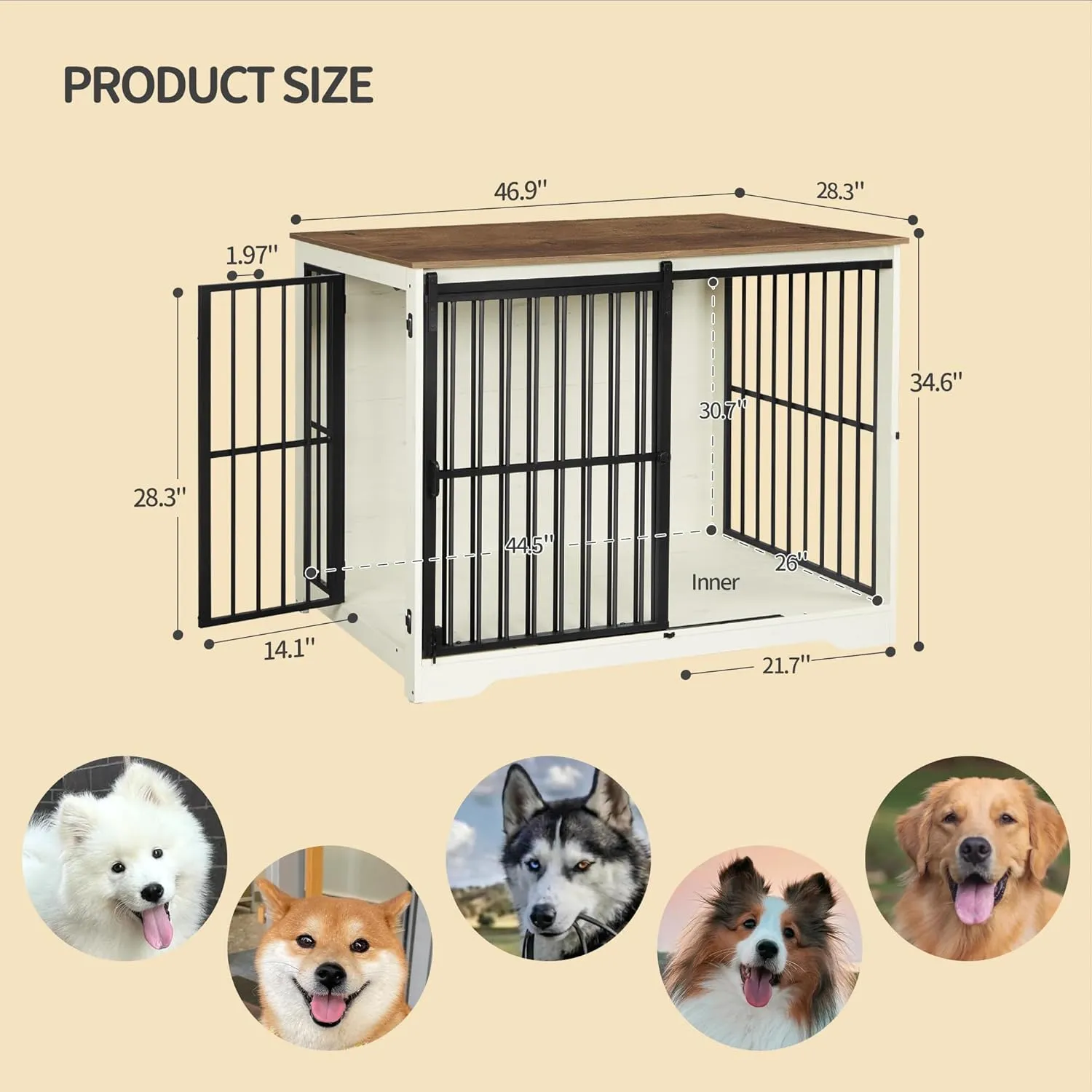 XXL Large Dog Crate Furniture, 46.9" Indoor Dog Kennel Furniture with Barn Door, Wooden Tall Dog Crate, Heavy Duty Dog Cage for Large Dogs, Side End Table, Anti-Chew, White Brown DFC83814B